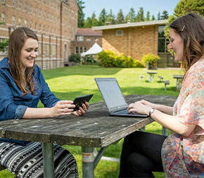 two college students talking while taking a break outside on a college campus
