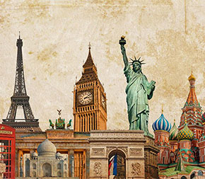 collage of topical world landmarks signifying social studies teaching