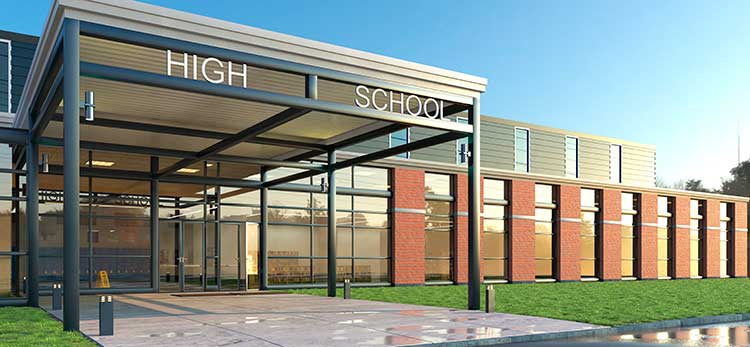 front of modern high school entrance