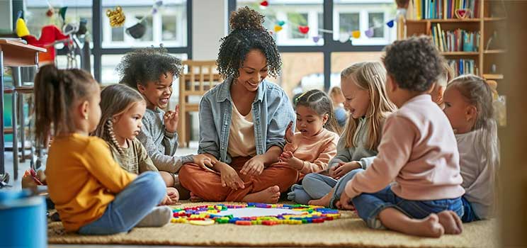 california early childhood education teacher sits with young students and does a group color
