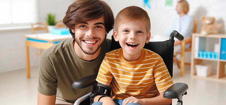 special ed teacher poses with a young student in wheelchair