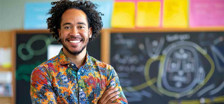 substitute teacher stands in front of backboard in classroom